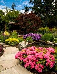 Fototapeta premium Lush garden with a pond