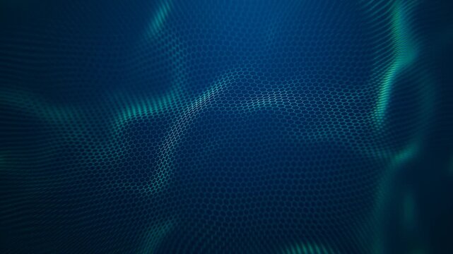 A dark blue background with abstract digital wave of hexagons. 3D Animation