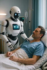 An advanced service robot provides attentive and compassionate assistance to a male patient recovering in a hospital bed, symbolizing the evolving landscape of AI in healthcare
