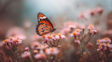 Obraz premium Monarch rests on pink flowers; soft focus, gentle colors, bokeh background