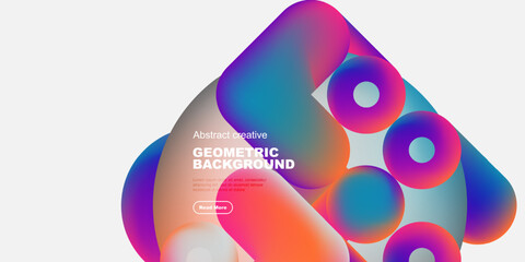 Fototapeta premium Vibrant geometric shapes overlap, creating colorful abstract background. Text present, button visible. Modern design elements dominate composition.