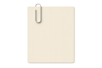 Blank note paper secured by metal paperclip, floating against transparent background, representing minimalist communication and organizational concept