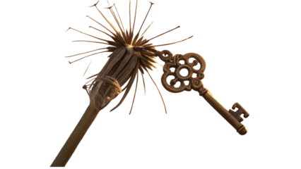Antique key resting on dried plant isolated on a transparent background seed