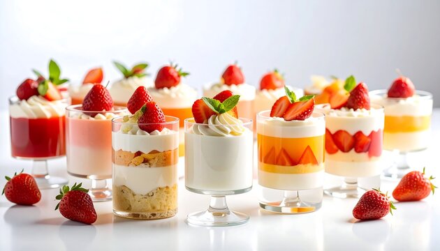 An array of elegant dessert trifles in stemmed glasses, layered with creamy fillings, fresh strawberries, and vibrant jellies