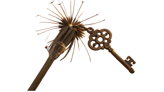 Antique key resting on dried plant isolated on a transparent background seed