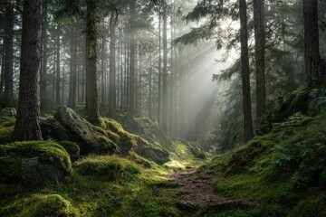 Obraz premium Sunlight streams through a misty forest path (1)