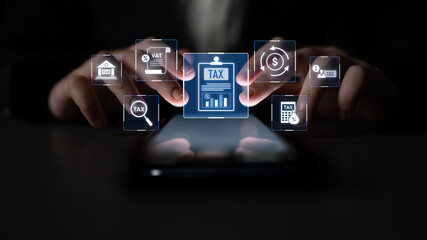 Financial regulation and tax compliance concept showing tax document, VAT, transaction flow, and...