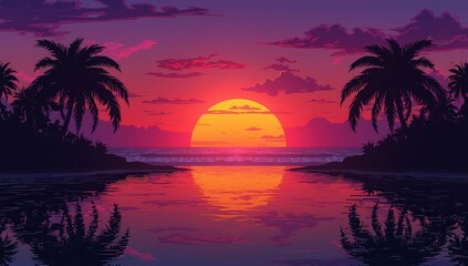 Tropical sunset with palm trees and reflective water creating a serene beach landscape view