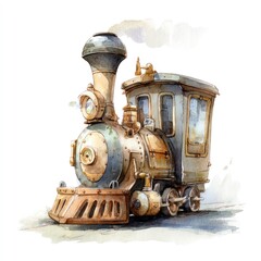 Watercolor illustration of a vintage steam locomotive.  Rustic, detailed, and whimsical.  Muted colors, light smoke