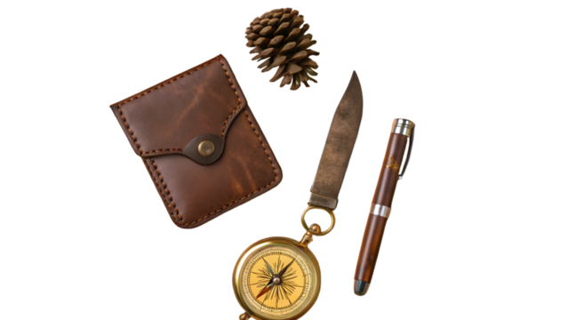 Brown leather wallet brass compass vintage knife wooden pen pinecone isolated on a transparent background