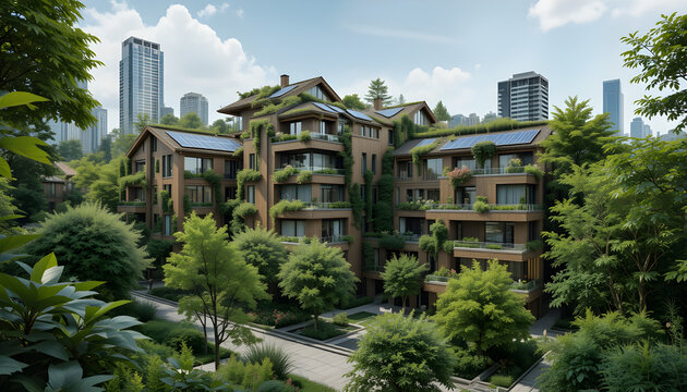 Sustainable architecture featuring eco friendly buildings with solar panels and lush greenery