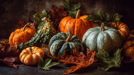Autumn gourds and leaves on dark background