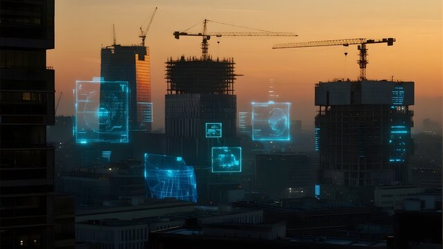 Urban skyline at dusk with holographic data displays overlaying construction sites and buildings