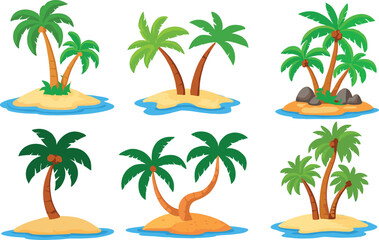 Cartoon tropical island set, palm trees, sandy beach, blue water, summer vacation, nature illustration, travel design, exotic paradise scene.