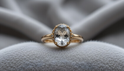Obraz premium Gold Ring with Oval Gemstone on Grey Velvet 