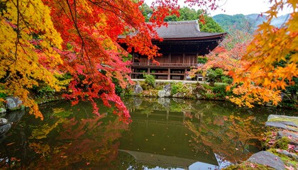 Autumn Temple Reflection in Pond