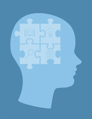 Silhouette of blue human head with puzzle pieces and science icons of book, light bulb, magnifying glass etc. Abstract conceptual illustration for education, brain, memory, research, and knowledge.