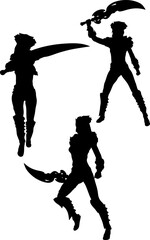 Illustration of a strong female fantasy warrior silhouette in dynamic pose. She holds a large curved blade and wears spiked armor, ideal for combat or character design themes.