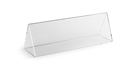 A clear acrylic triangular menu holder stands on a white surface