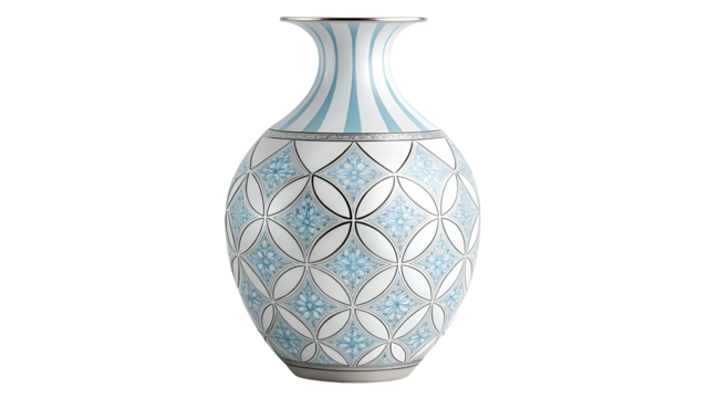 Elegant porcelain vase with intricate blue floral geometric patterns isolated on a transparent background