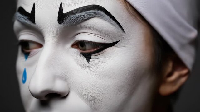 Close-up Portrait of a Person in Pierrot Makeup with a Single Blue Tear  Dramatic Theatrical Costume  Sad Expression  White Face Paint  Black and White Design  Emotional Performance Art Photography