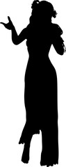 Black silhouette of a graceful woman wearing a flowing dress in a graceful gesture. Her detailed outline suggests elegance, movement, and expressive posture. Detailed fairy or nymph girl silhouette.