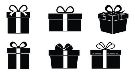 Collection of black gift boxes with ribbons and bows on white background