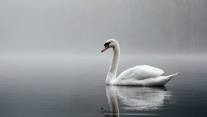 A solitary swan glides serenely on a misty lake