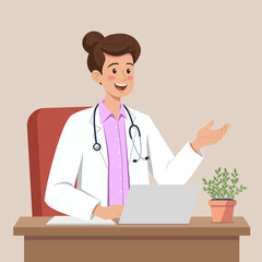 Fototapeta premium Cheerful caucasian woman doctor in a white coat, sitting at a desk with a laptop. She appears to be consulting or explaining, with medical tools and documents in the background.