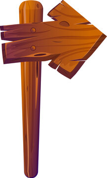 Illustration of a cartoon style wooden direction signpost featuring a textured arrow plank mounted on a vertical wooden pole. Ideal for games, maps, or adventure themed designs.