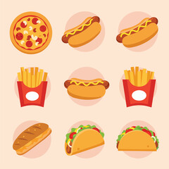 Seamless Pattern, Collection of fast food vector illustrations featuring pizza, hot dogs, fries, tacos, and sandwich Stock royalty free.