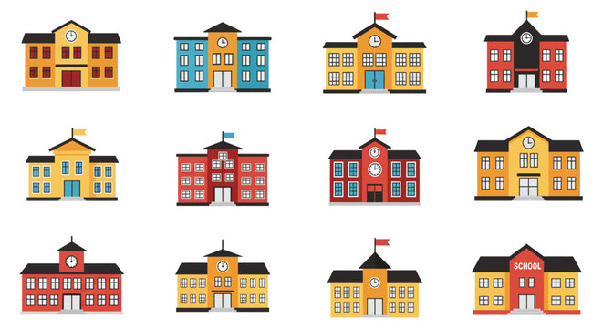 Collection of colorful cartoon school buildings in various architectural styles