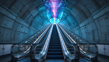 Obraz premium Modern Escalator Rising Through Digital Aurora in Concrete Tunnel