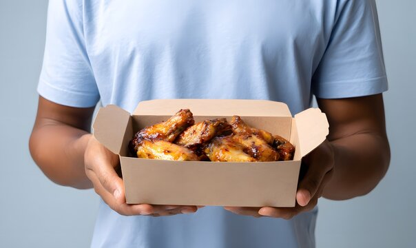 Young man wearing a casual blue t-shirt, standing against a plain solid white studio background, holding forward a cardboard takeaway food box with both hands