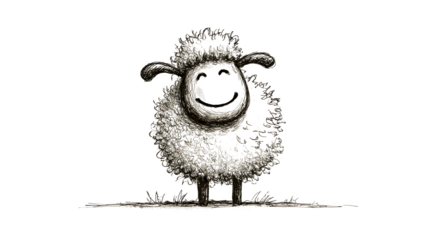 A doodle sheep with a fluffy body and a simple, smiling face, isolated on a Transparent Background
