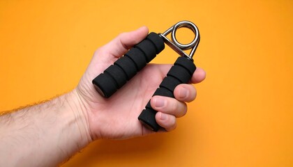 A hand holds a black hand gripper against a yellow background