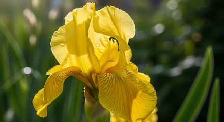 Vibrant Yellow Iris in Garden.
