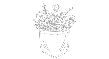 Line art illustration of flowers blooming from a pocket, isolated on a white background.