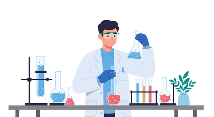 Scientist conducting experiment with lab equipment and chemical liquids