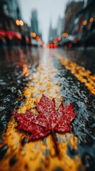 Red maple leaf resting on a wet street during rain in a bustling city with blurred lights in the background