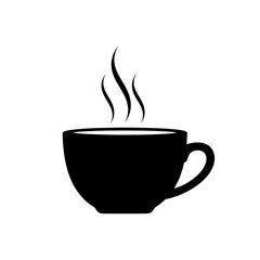 Monochrome vector icon of a steaming mug of coffee. An isolated graphic symbol representing a hot drink, caffeine, and a relaxing break time