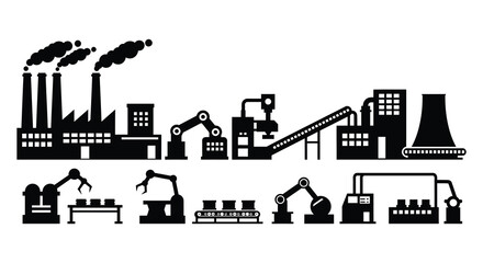 Industrial factory buildings and robotic machinery in silhouette