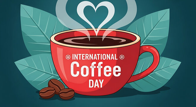 International Coffee Day Illustration with Red Cup and Heart Shaped Steam - Powered by Adobe