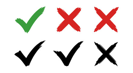 Colorful check marks and crosses in brush stroke style for decision making icons