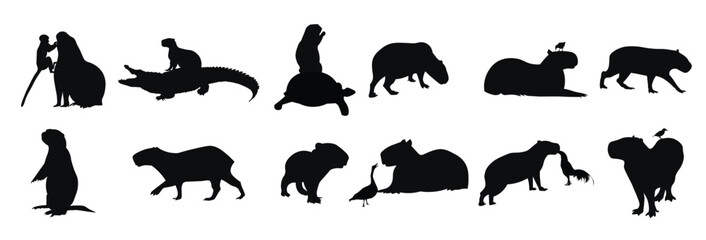 bundle set of silhouettes of capybara friendship