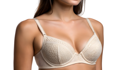 close up woman breast in white lingerie isolated