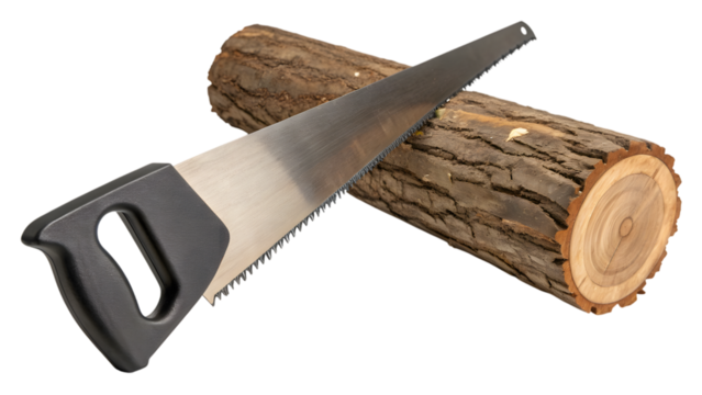 Isolated metal saw with a sharp blade and  handle cutting a log