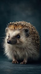 Fototapeta premium Small hedgehog with distinct spines and inquisitive expression on dark background