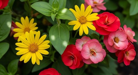 Vibrant Mix of Yellow Daisies and Red Begonias in a Summer Garden.