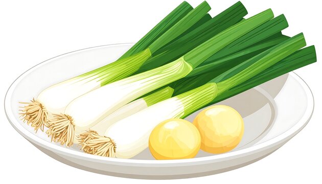 Fresh green scallions and pale yellow potatoes on a white plate.